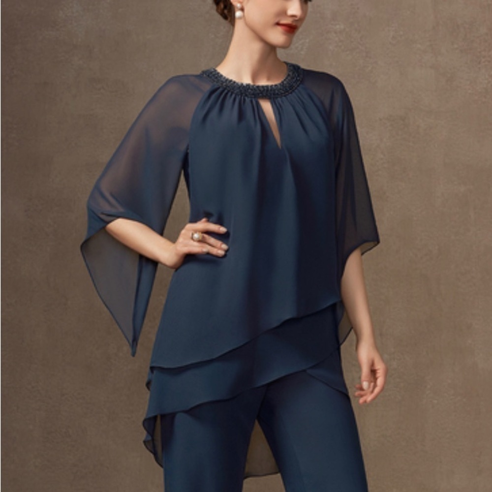 JJs House Navy Blue Chiffon Blouse